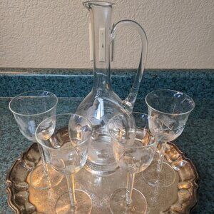 Vintage 6 Pc. Crystal Decanter w/4 Wine Glasses & Silver Serving Tray